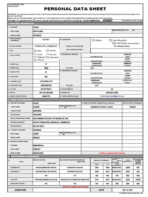 www.bfp.gov.ph pds|Personal Data Sheet (CS Form No. 212, Revised 2017).